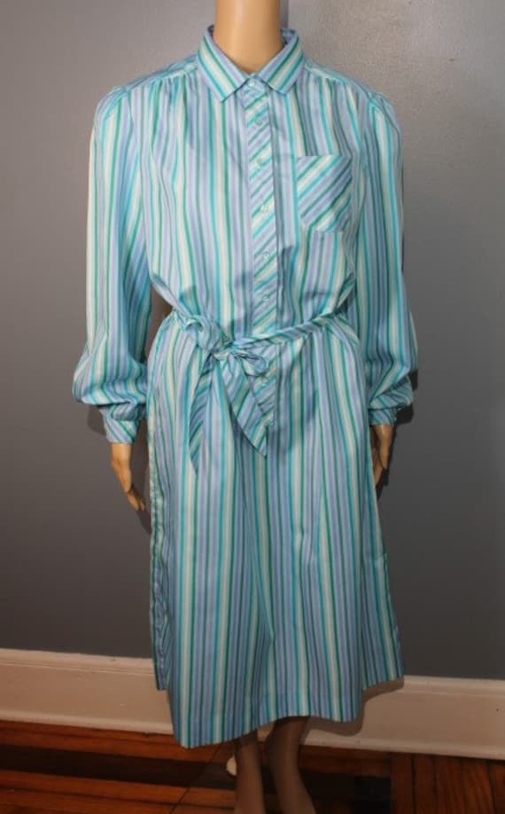 green and purple striped dress Vintage 1960s Schrader Sport New York Blue Green and Purple Striped Long  Sleeve Dress With Fabric Belt Women's Size 16 Made in the USA