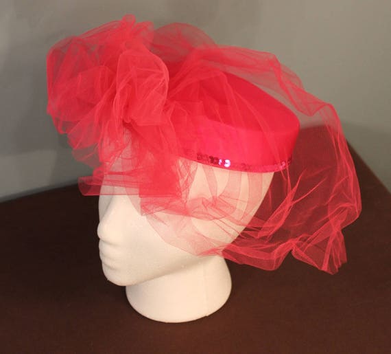 Vintage Hot Pink Fascinator Pillbox Sequins Hat wi