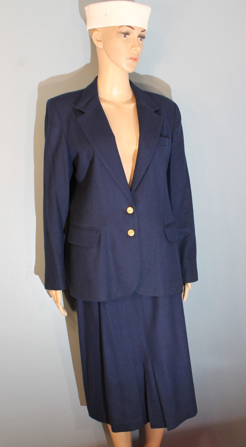 Vintage 1960s ILGWU Pantter Women's Two-Piece Suit Navy Blue Wool Blazer Jacket and High Waisted Pencil Skirt with Belt Made in the USA image 5