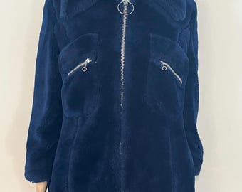Vintage 1970s Sears Fashions Deep Blue Faux Fur Jacket with Silver Details Women’s Medium