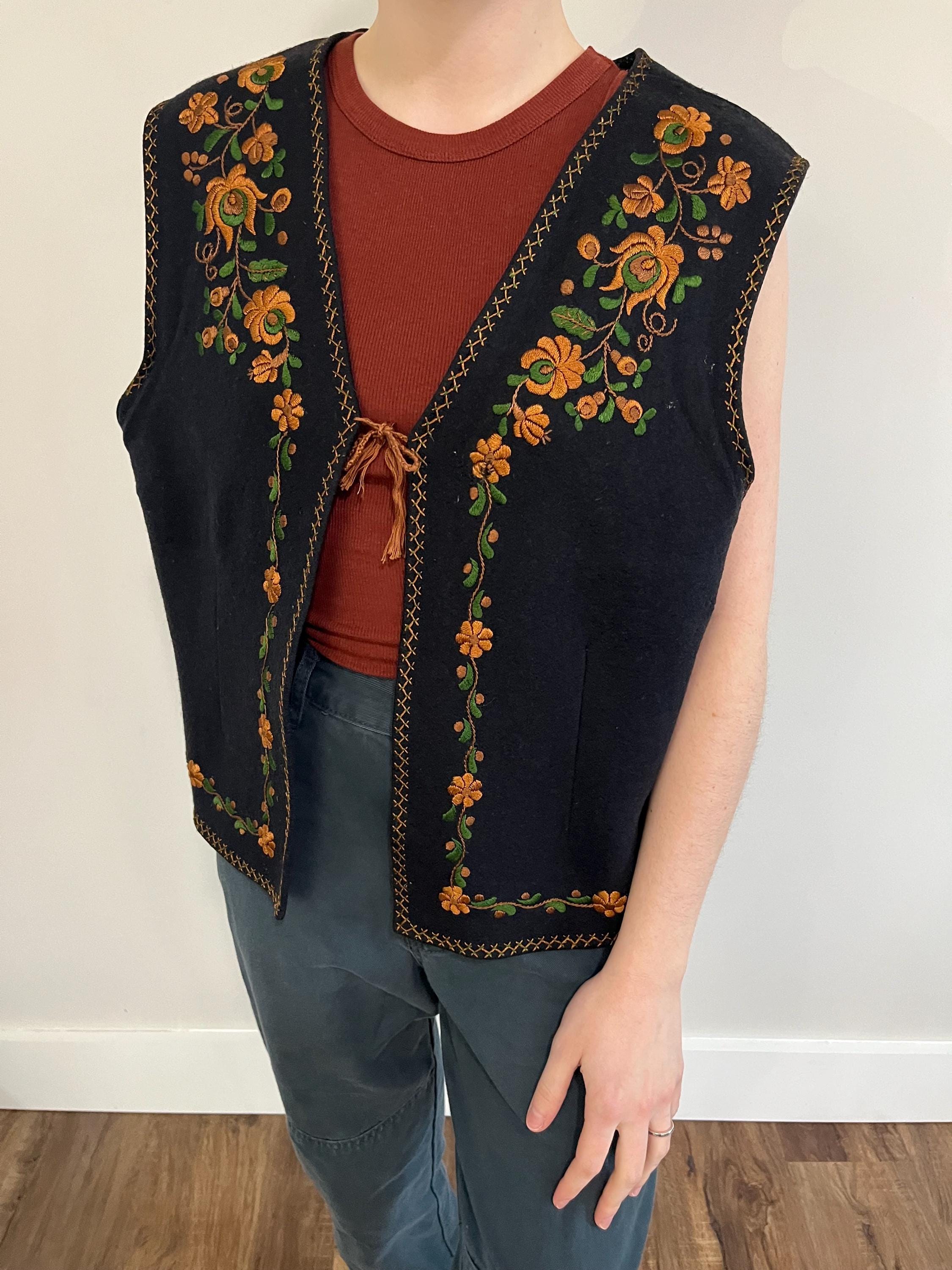 Vintage Mid Century Celtic Floral Embroidered Black Wool Vest by