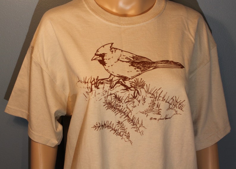 Vintage 1990's Outdoor Nature Series Cardinal Screen Print Ultra Cotton Beige and Brown T-Shirt Like New