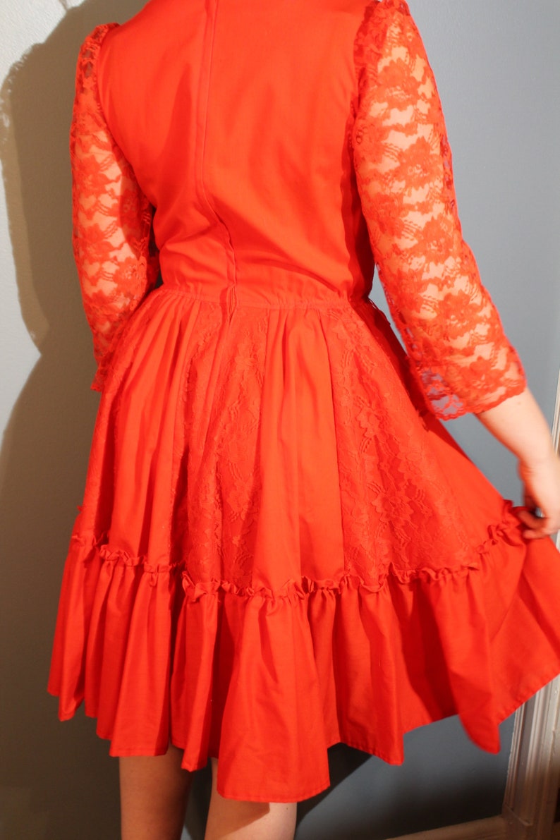 Vintage 1960/'s Handmade Red Square Neck Dress with Floral Lace Three-Quarter Sleeves