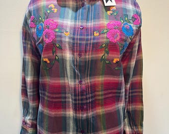 Vintage KZK röd och grön broderad blommig rutig flanellskjorta från 1980- och 1990-talet