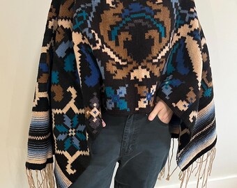 Vintage 1960s-1970s Handmade Purple Haftowane Bawełniane Tradycyjne Gwatemalskie Huipil Poncho Dorosłe Jeden Rozmiar