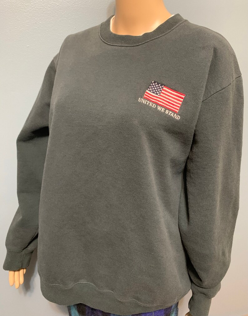 Vintage 1980-1990-talets United We Stand broderad amerikansk flagga blekt svart pullover rund halströja bild 6