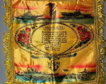 Vintage 1950s-1960s U.S. Navy Mother Script Ships and Roses Silk
