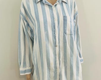 Vintage jaren 1970/80 verontrust blauw en wit gestreept denim oxford overhemd volwassen XL