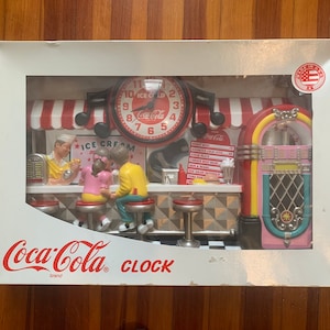 Vintage Collectible Burwood 3D Coca-Cola Soda Fountain Ice Cream Parlor Jukebox Scene Analog Clock Wall Decor