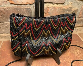Vintage 1980s Elegante bolso de hombro de noche con cuentas negras Bolso de hombro de embrague