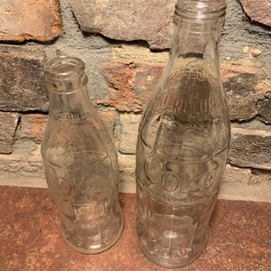 Vintage 1970s Set of Two Coca-Cola Clear Glass Bottles 10 oz. and 15 oz. Free Shipping