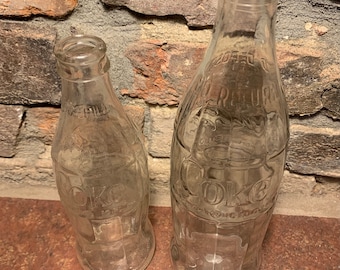 Vintage 1970s Set of Two Coca-Cola Clear Glass Bottles 10 oz. and 15 oz. Free Shipping