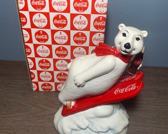 Vintage 1990s Coca-Cola Collectible Ceramic Polar Bear Bank Always Ski Jumping Enesco Item No. 176389 New in Box