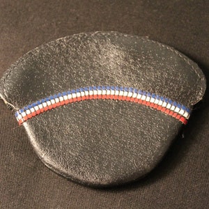 Vintage 1970&#39;s Black Leather with Red White and Blue Details Zipper Coin Pouch