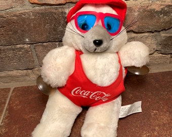 Vintage 1988 Coca-Cola Critters Cat in Bathing Suit Suction Cup Window Wall Hanging Plush Stuffed Animal New with Tags