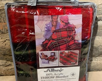 Vintage Mary’s Red Plaid Acrylic Throw Blanket Style 31435 New in Package Made in the USA