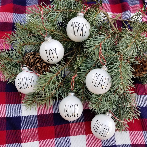 Set of 6 Rae Dunn inspired ornaments | White Christmas ornaments | Farmhouse Christmas | Personalized Christmas ornaments | Rae Dunn