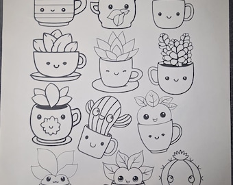 Coloring Stickers from my Kawaii Teacup Plants - Color Your Own Stickers, Kiss Cut or Die Cut, Made to Order