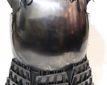 May include: A dark gray metal chest armor, displayed on a mannequin. The armor has a polished finish and is secured with black ties. The lower portion features layered plates. The number "42" is visible on the mannequin's neck.