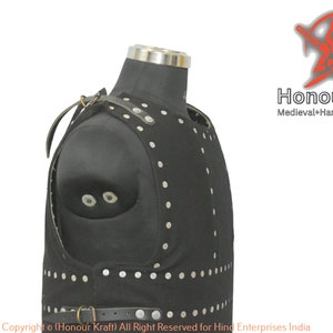 May include: Black leather armor vest with silver rivets and a leather strap. The vest is displayed on a mannequin. The text "Honour Kraft Medieval+Hand+Forged+Armor" is visible in the image.