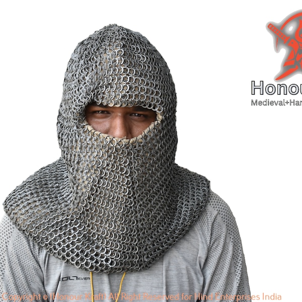 Chainmail hood with cotton padded coif black flat riveted 9 mm ring 17 gauge steel