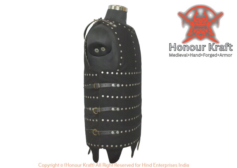 May include: Black leather armor vest with metal rivets and straps. The vest has a pointed bottom and is designed to protect the torso.  Honour Kraft Medieval Hand-Forged Armor. Copyright o (Honour Kraft) All Right Reserved for Hind Enterprises India