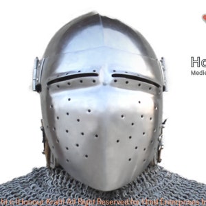 May include: A silver helmet with a visor and a chainmail collar. The helmet has a series of small holes throughout the visor and is made of metal.