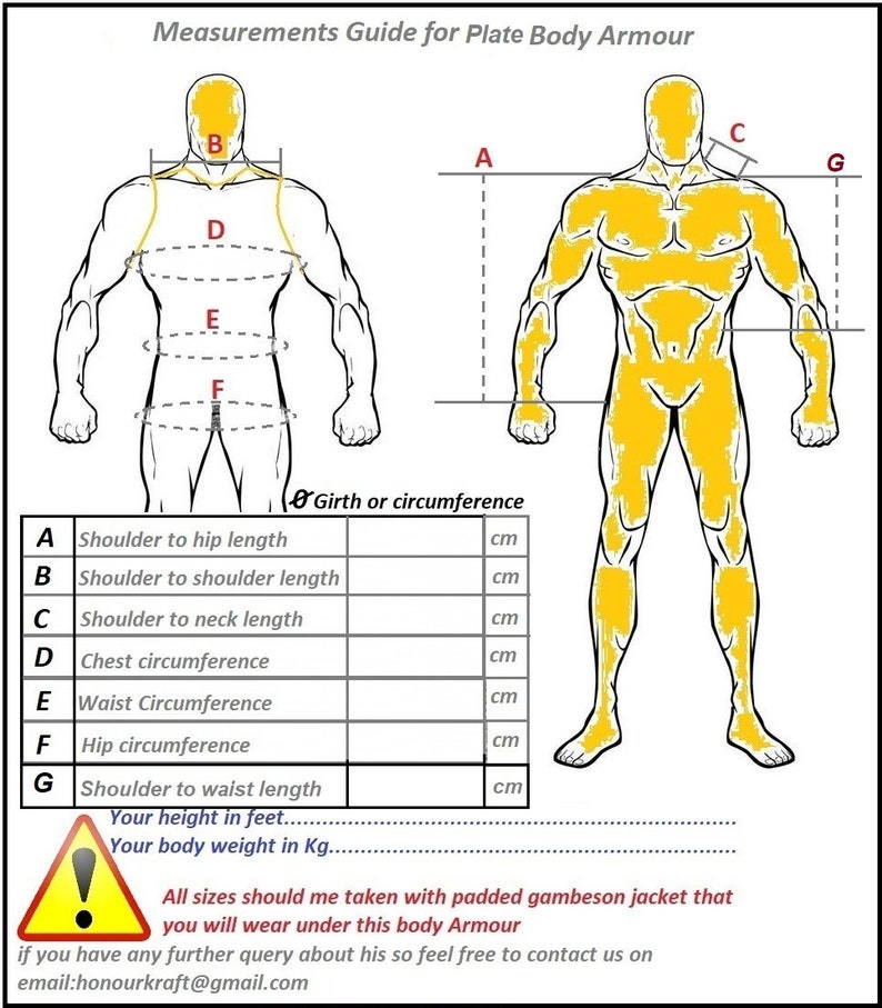 May include: A diagram showing how to measure for plate body armor. The diagram shows a person standing with lines indicating where to measure for shoulder to hip length, shoulder to shoulder length, shoulder to neck length, chest circumference, waist circumference, hip circumference, and shoulder to waist length. The diagram also includes a table with the measurements in centimeters.