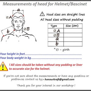 K&ouml;nnte beinhalten: Diagramm, das zeigt, wie man seinen Kopf f&uuml;r einen Helm oder einen Bascinet misst. Das Diagramm zeigt eine Person mit Linien, die mit 'a' und 'b' gekennzeichnet sind, die angeben, wo gemessen werden soll. Eine Tabelle listet die verschiedenen Arten von Messungen auf, die mit 'A', 'B', 'a' und 'b' gekennzeichnet sind, sowie die entsprechende Gr&ouml;&szlig;e in Zentimetern. Der Text besagt, dass alle Messungen ohne Polsterung oder Futter erfolgen sollten.