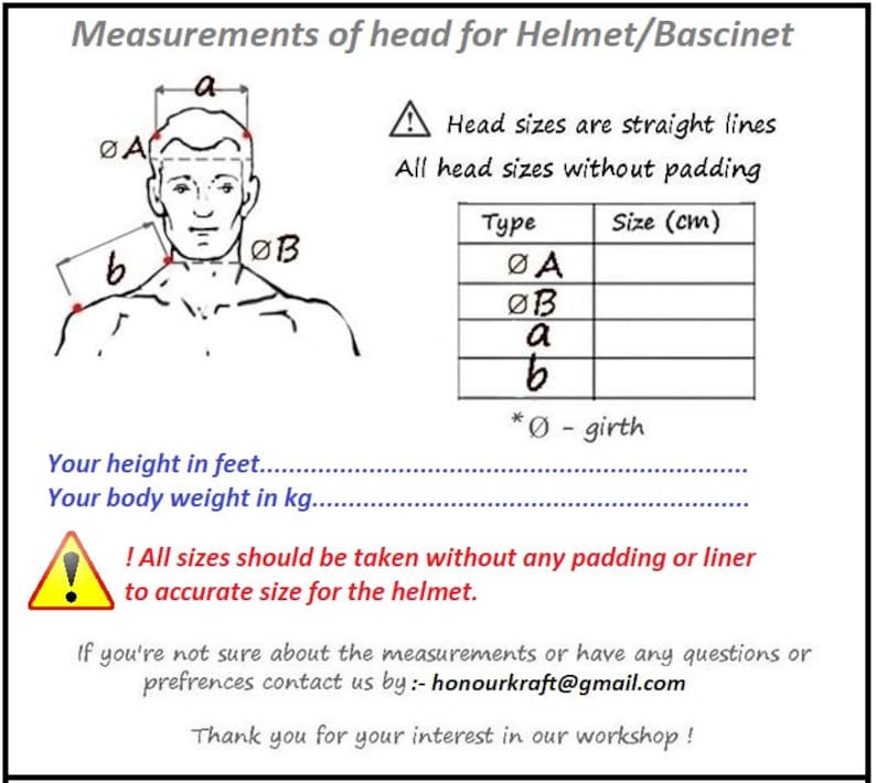 K&ouml;nnte beinhalten: Diagramm, das zeigt, wie man seinen Kopf f&uuml;r einen Helm oder einen Bascinet misst. Das Diagramm zeigt eine Person mit Linien, die mit 'a' und 'b' gekennzeichnet sind, die angeben, wo gemessen werden soll. Eine Tabelle listet die verschiedenen Arten von Messungen auf, die mit 'A', 'B', 'a' und 'b' gekennzeichnet sind, sowie die entsprechende Gr&ouml;&szlig;e in Zentimetern. Der Text besagt, dass alle Messungen ohne Polsterung oder Futter erfolgen sollten.