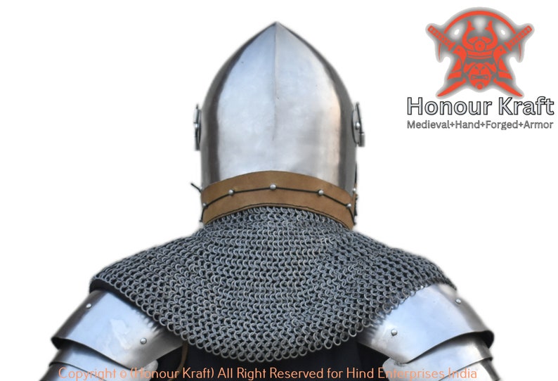 May include: A medieval helmet with a pointed top and a brown leather strap. The helmet is made of metal and has a chainmail collar. The helmet is worn by a person, but the person's face is not visible. The image is taken from the back of the helmet.