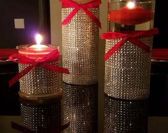 Set of 3 (4", 7", 9") Cylinder Vases Centerpiece (with or without) rhinestones, Hurricane Vase Candle Holder, Wedding Centerpiece