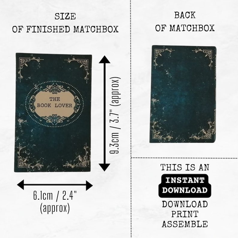 May include: Printable digital download for a matchbox craft project. The front of the matchbox features a vintage-style book cover with the text "The Book Lover". The back of the matchbox is plain. The finished matchbox measures 2.4 inches wide by 3.7 inches tall.