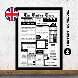 1977 Birthday Newspaper UK | Born in 1977 Printable Poster | 48th Birthday Fact Sheet UK | Back in the Year You Were Born | Digital Download
