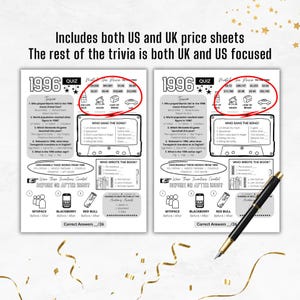 May include: Two trivia quiz sheets from 1996 with questions and answers, including US and UK price comparisons. The quizzes cover various topics, with sections for unscrambling words and identifying inventions.