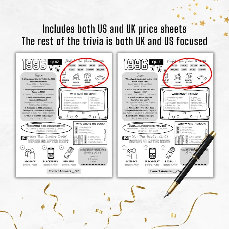 May include: Two trivia quiz sheets from 1996 with questions and answers, including US and UK price comparisons. The quizzes cover various topics, with sections for unscrambling words and identifying inventions.