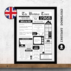 1968 年の新聞印刷物 | 1968 年当時、あなたが生まれた年 | 新聞ポスター サイン | 誕生日ファクト シート | 57 歳の誕生日タイムズ | 英国版