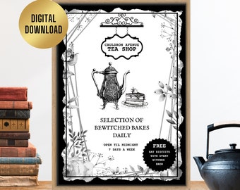 Printable Haunted Tea Shop Poster | DIY Halloween Party Decorations | Horror Gothic Print | Witchy Spooky Creepy Decor Pdf DIGITAL DOWNLOAD