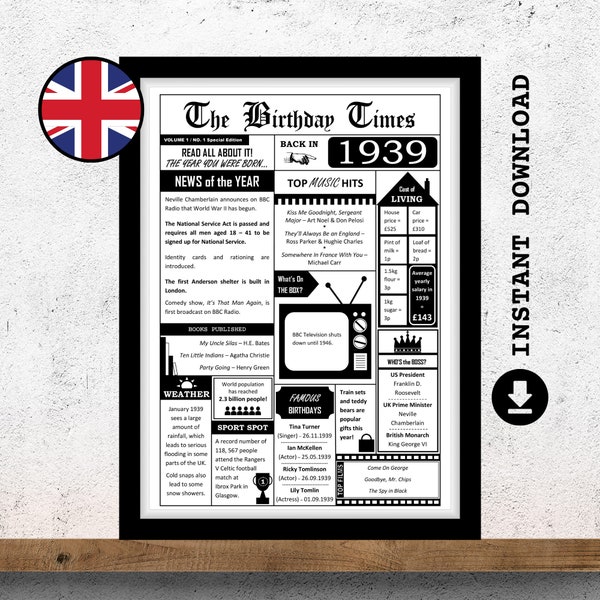 1939 Newspaper Print | Back in The Year You Were Born | Newspaper Poster Print Sign | Birthday Fact Sheet | 85th Birthday Times | UK VERSION