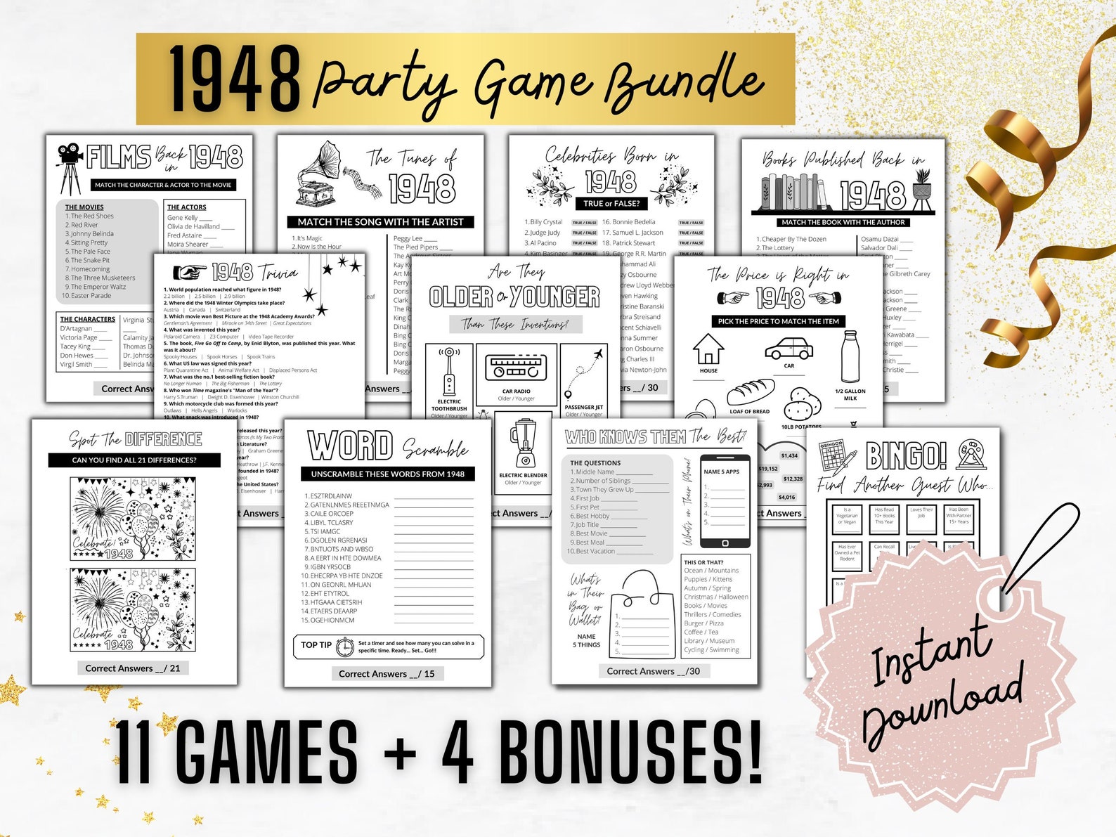 1948 Birthday PARTY GAMES Bundle Born in 1948 Birthday Games Instant ...