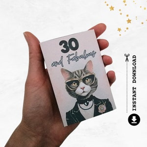 Porte-cartes cadeau 30e anniversaire, 30 ans et fabuleux, modèle imprimable DIY pour amoureux des chats, kit de créations manuelles mignon, idée cadeau mode pour elle, TÉLÉCHARGEMENT NUMÉRIQUE