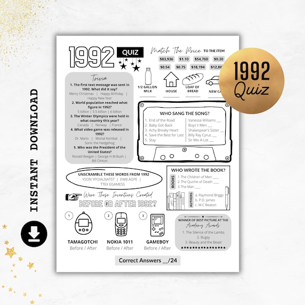 1992 Quiz | Born in 1992 Print | Trivia Printable | 32nd Birthday Party Games | 32nd Anniversary Quiz | 1992 Party Quiz | Instant Download