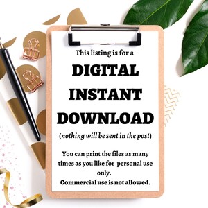 May include: A clipboard with a white paper stating "DIGITAL INSTANT DOWNLOAD". The image features a black pen, gold paper clips, and gold and white decorative elements. Green leaves are visible in the background.