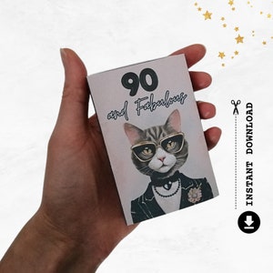 90th Birthday Gift Card Holder, 90 & Fabulous, Cat Lover DIY Printable Template, Cute Craft Kit,  Fashion Present Idea Her, DIGITAL DOWNLOAD
