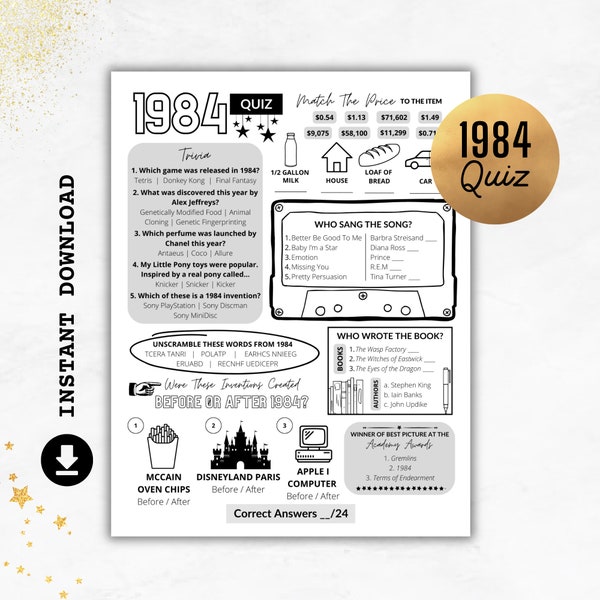 1984 Quiz | Born in 1984 Print | Trivia Printable | 40th Birthday Party Games | 40th Anniversary Quiz | 1984 Party Quiz | Instant Download