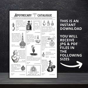 May include: A black and white apothecary catalogue print featuring potion bottle illustrations and text. The text includes "Apothecary Catalogue" and "This is an Instant Download". The print is displayed on a dark surface.
