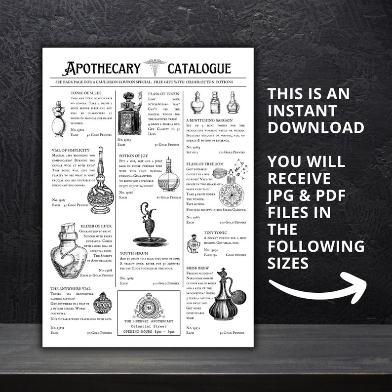 May include: A black and white apothecary catalogue print featuring potion bottle illustrations and text. The text includes "Apothecary Catalogue" and "This is an Instant Download". The print is displayed on a dark surface.