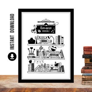 May include: Black and white illustration of a bookshelf filled with romance novels. The bookshelf is labeled "Romance Bookshelf".