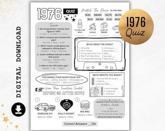 1976 Quiz | Born in 1976 Print | Trivia Printable Game | 50th Birthday Party Games | Anniversary Quiz | 1976 Party UK & US Instant Download