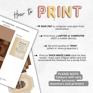 May include: Instructions on how to print a printable gift card matchbox. The instructions include saving the PDF, printing from a laptop or computer, setting the print quality to high, and printing on thick white card stock. The image also includes a note that colors will vary between monitors and printers.